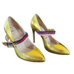 Gucci Sylvie Web Accent Gold Leather Mary Jane Pumps EU 36.5 US 6.5